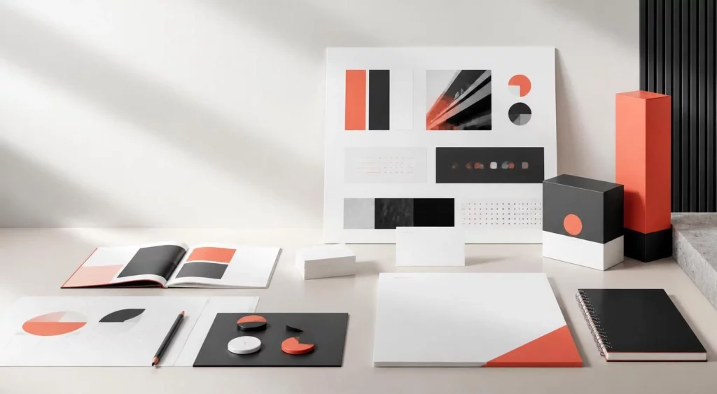 Éléments graphiques d’une identité visuelle sur une table de création