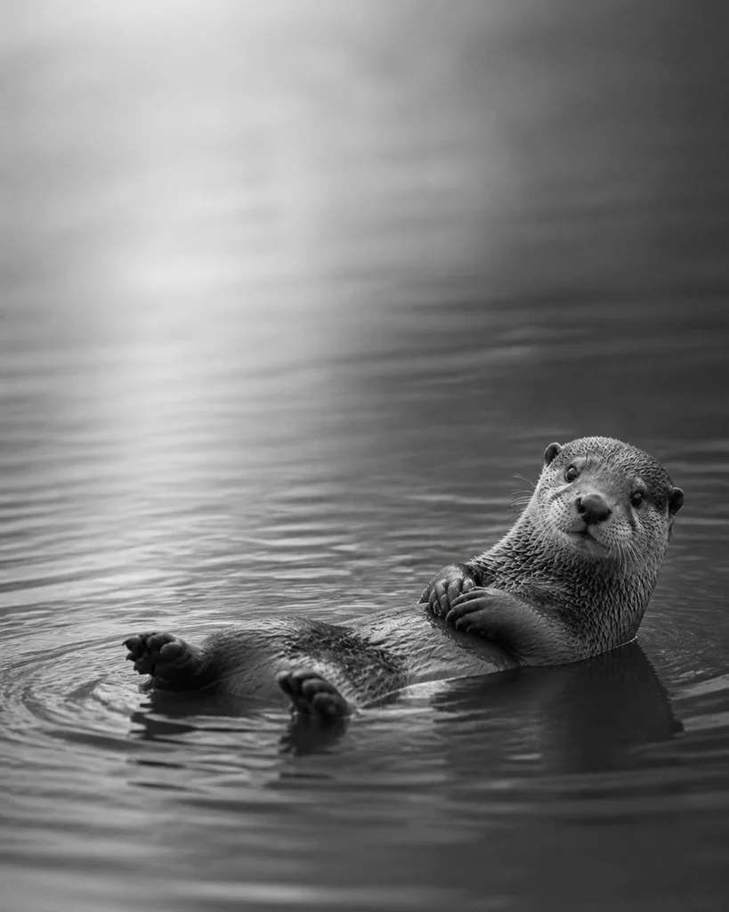 Une loutre dans l'eau avec un air interrogatif.